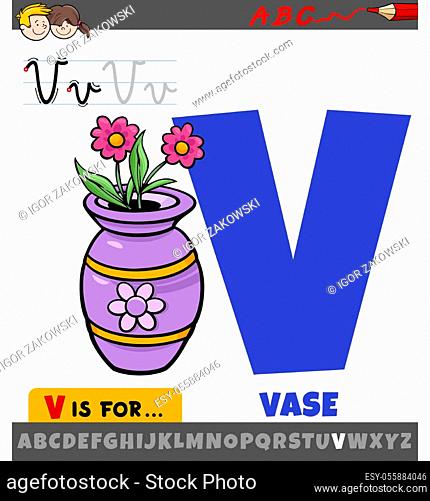 Educational cartoon illustration of letter V from alphabet with vase object for children