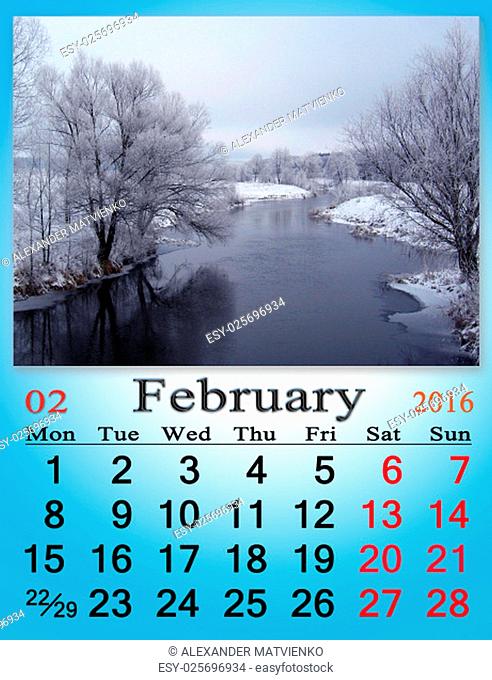 calendar for 2016 with winter river. Calendar for printing and using in office life