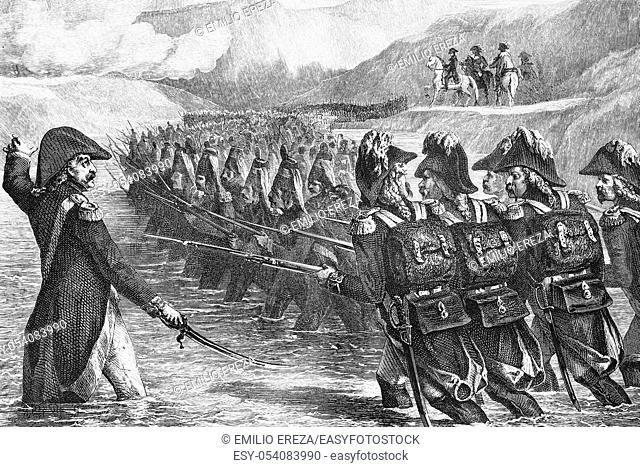 French revolutionary wars. Pass of river Tagliamento, Italy. March 1797. Antique illustration. 1890