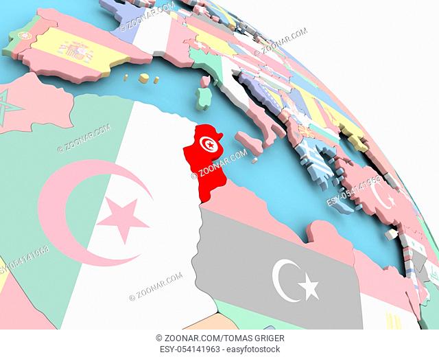 3D render of Tunisia with flag on bright globe. 3D illustration