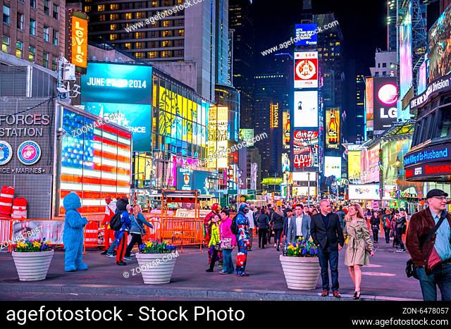 New York City -April 8: Times Square, featured with Broadway Theaters and animated LED signs, is a symbol of New York City and the United States, April 8