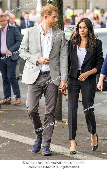 Prince Harry and Meghan, The Duke and Duchess of Sussex at the bank of the River Liffey in Dublin, on July 11, 2018, at the Famine Memorial on the last of a 2...