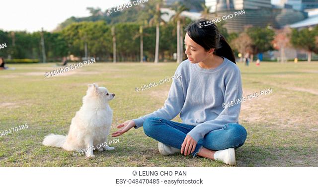 Woman training with her dog with snack at outdoor park