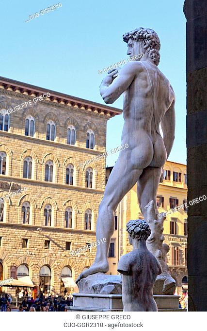 David of Michelangelo statue copy, Palazzo Vecchio palace, Piazza della Signoria square, Florence, Tuscany, Italy