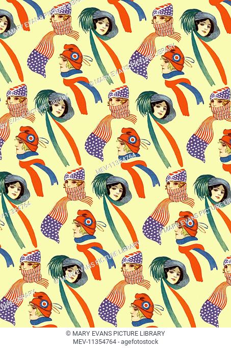 Repeating Pattern - Three women - scarves and hats (on off-white / cream background). *PLEASE NOTE that the magnifying glass is solely to show the detail of the...