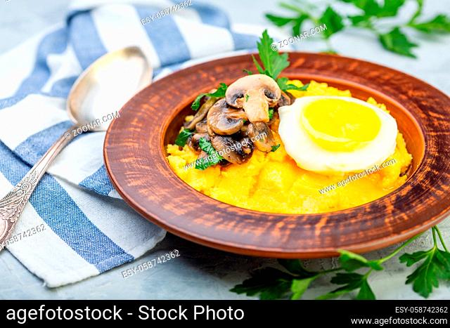 Traditional Italian polenta with mushrooms, egg and chopped parsley in a plate on a table with a linen napkin, selective focus