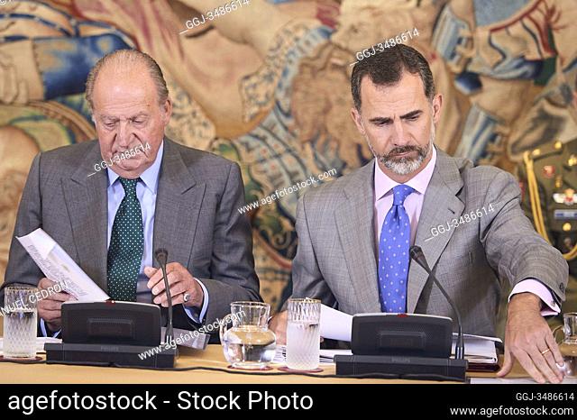 King Felipe VI of Spain and King Juan Carlos of Spain attend a meeting with the Board of Cotec Foundation at Palacio de la Zarzuela on June 22
