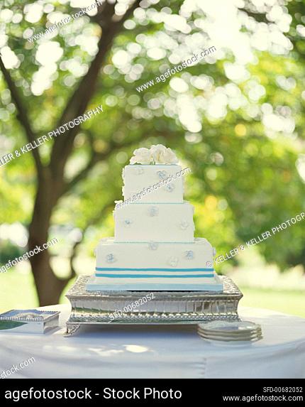 Three Tiered Wedding Cake on Outdoor Table