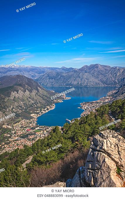 Stunning landscape of the Bay of Kotor in Montenegro as seen from the road to Lovcen National Park
