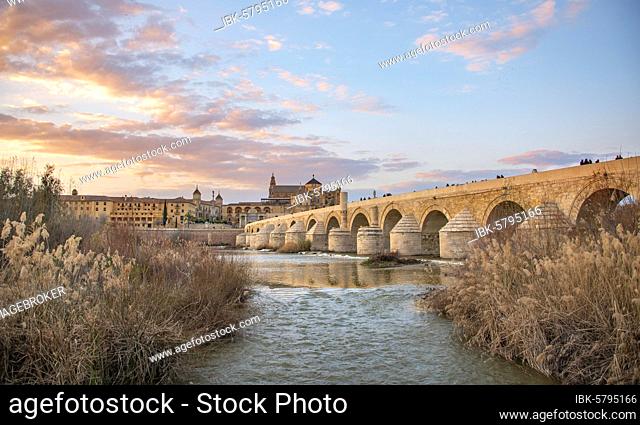 Sunset, Puente Romano, Roman bridge over Rio Guadalquivir, behind Mezquita, Catedral de Córdoba, Cordoba, Andalusia, Spain, Europe
