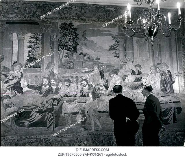 May 05, 1967 - Royal 'Tapestries' On View At Hampton Court. Two More Tudor Rooms Open To The Public.: Three 17th-century 'tapestries' which used to hang in...