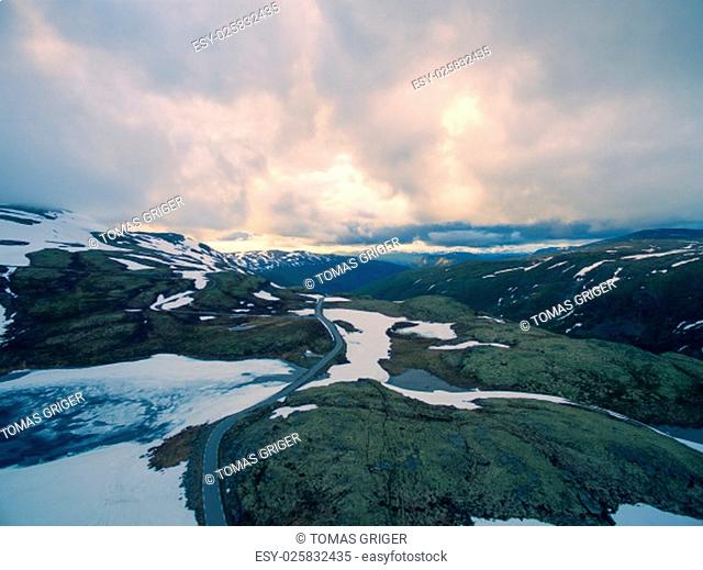 Aerial view of cold rocky landscape in mountain pass Ryfylke in Norway