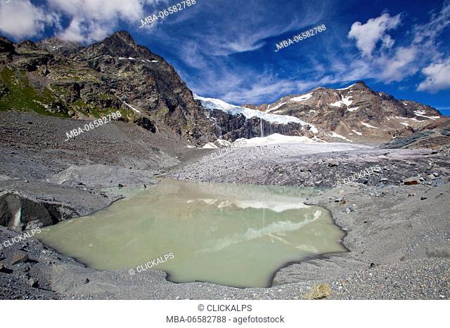 The terminus of the Glacier Fellaria in an epiglacial lake in Valmalenco, Valtellina, Lombardy Italy Europe