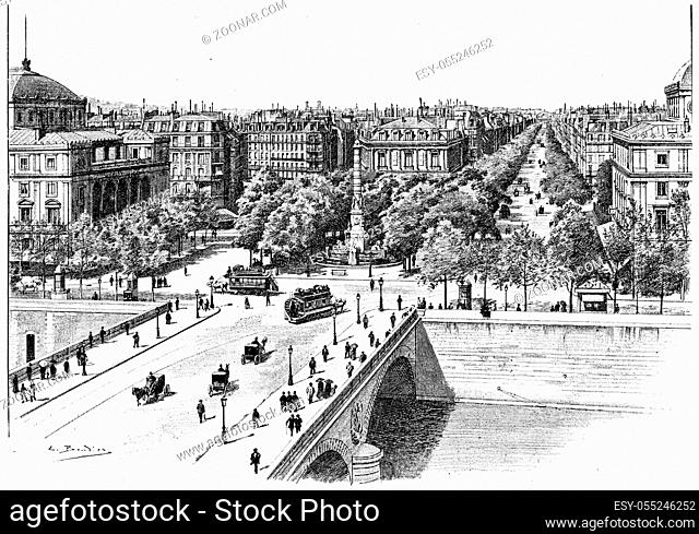 Pont au Change, Place du Chatelet and Boulevard de Sebastopol, vintage engraved illustration. Paris - Auguste VITU ? 1890