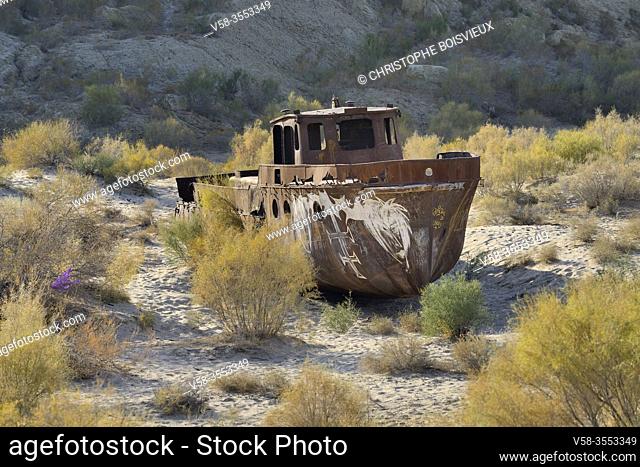 Uzbekistan, Autonomous republic of Karakalpakstan. . Moynaq, Aral Sea, Rusting fishing boats abandoned after the shrinking of the Aral Sea