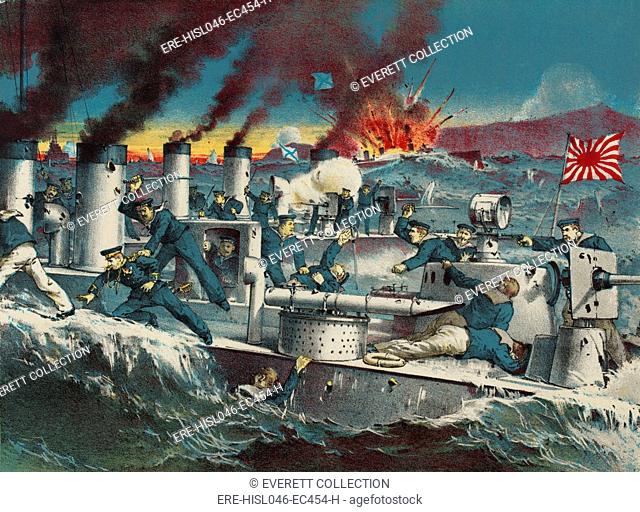Fighting off Port Arthur during the Russo-Japanese War in April 1904. Sailors from a Japanese torpedo boat, Sazanami, board a Russian torpedo boat