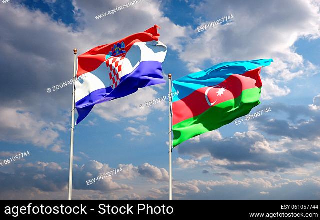 Beautiful national state flags of Azerbaijan and Croatia together at the sky background. 3D artwork concept