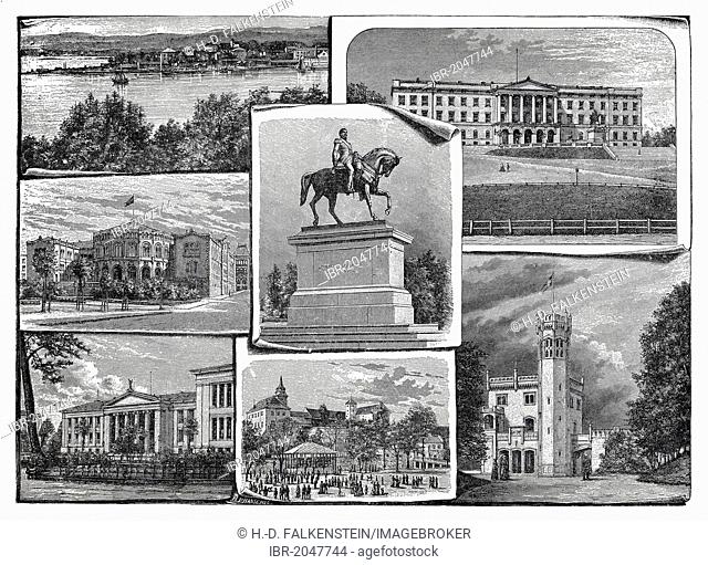 Sights of Oslo or Christiania or Kristiania, Norway, Europe, historic engraving from the 19th century, from the book Solskin Hjemmet I, Ung Og Gammel