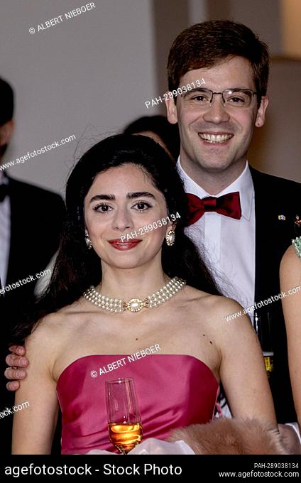 Duke Alexander zu Mecklenburg and fiancee Hande Macit Prince Nicolae of Romania at the Koepelkerk in Amsterdam, on May 28, 2022, to attend the Tulips Ball 2022
