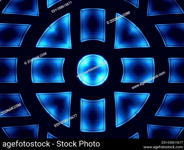 Simple technology background - abstract computer-generated image. Fractal art: circle ornament with glowing elemens. For web design, covers, posters