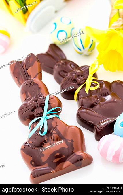 Easter chocolate bunnies made from solid milk and dark chocolate