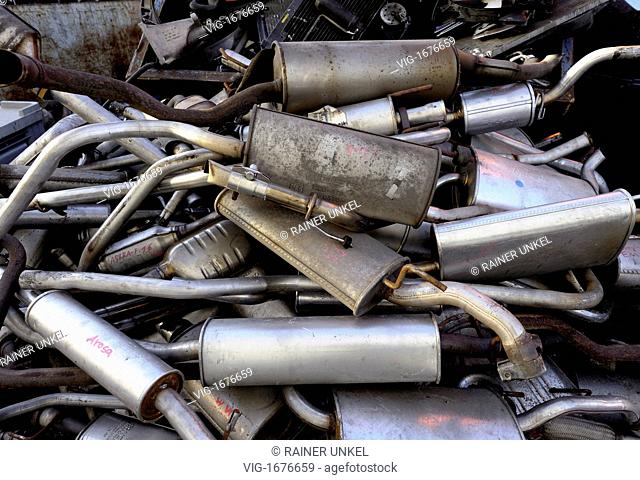 DEU, GERMANY : Old exhaust pipes on a scrapyard / junkyard - Leverkusen, Northrhine-, Germany, 31/08/2009