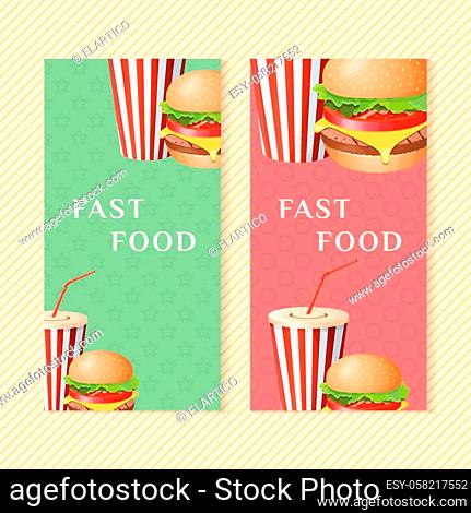 Fast food banners with burger and soda cup. Graphic design elements for menu packaging, advertising, poster, brochure and background