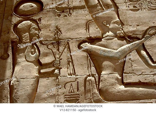 Relief showing Rameses II , Amun & Khons, Ramesseum Temple of Ramses II, c 1278-c 1260 BC, Luxor West bank, Egypt