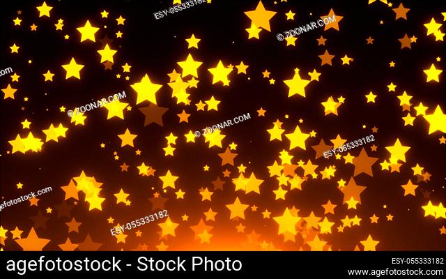 Many gold glittering stars are in space, holiday 3d rendering background, golden explosion of confetti backdrop