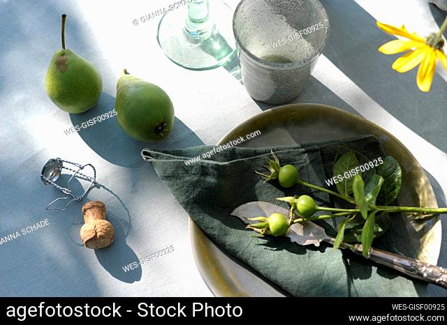 Pears, rose hips and champagne cork lying on autumn decorated table