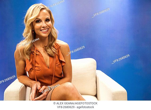 TV personality Elisabeth Hasselbeck on set for an infomercial made to look like a TV set