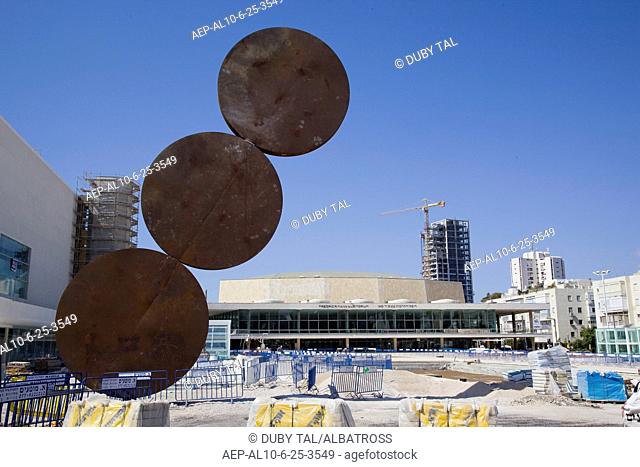 Photograph of the famos rising statue by the artist Menashe Kadishman infront of the Habima National theater in central Tel Aviv