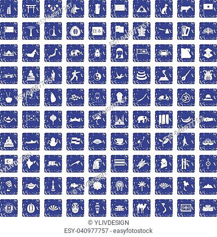 100 Asia icons set in grunge style sapphire color isolated on white background vector illustration