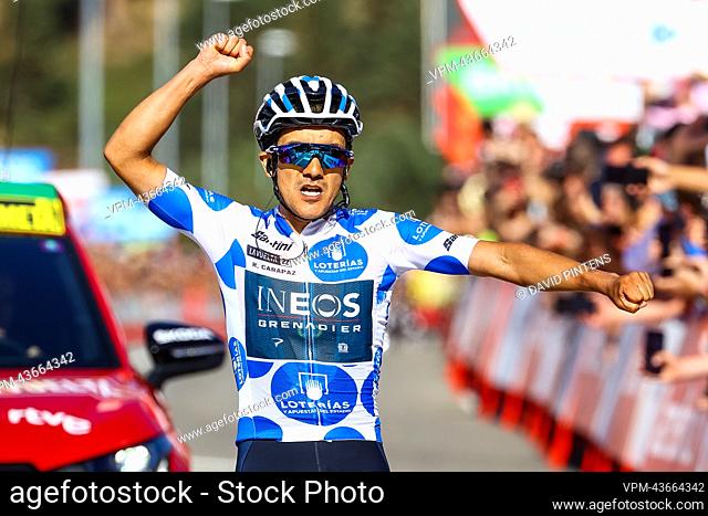 Ecuadorian Richard Carapaz of Ineos Grenadiers celebrate after winning stage 20 of the 2022 edition of the 'Vuelta a Espana', Tour of Spain cycling race