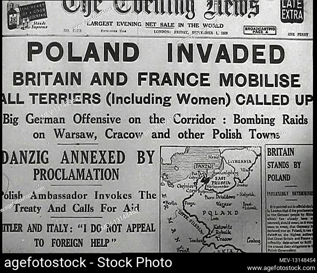 The Front Page of the Evening News on Friday September the First Reading POLAND INVADED BRITAIN AND FRANCE MOBILISE ALL TERRIERS (Including Women) CALLED UP Big...