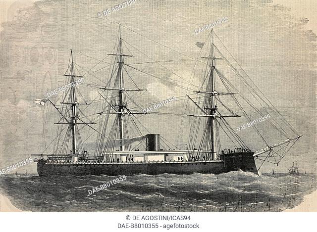 HMS Monarch, Ships at the Queen Victoria's Jubilee Naval Review, United Kingdom, engraving from The Illustrated London News, No 2518, July 23, 1887