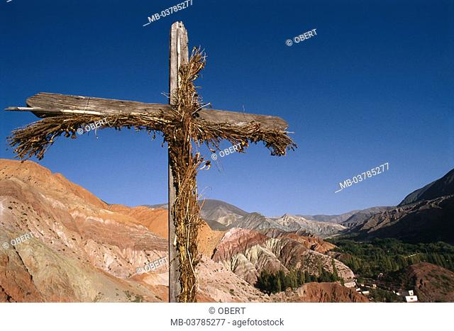 Argentina, Andes, Quebrada de Huamahuaca, close to Purmamarca, Cross South America, Latin America, North Argentina, church, belief, religion, mountain