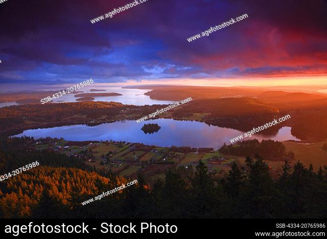 Sunset Over Lake Campbell and the San Juan Islands From the Summit of Mt Erie on Fidalgo Island in Anacortes Washington