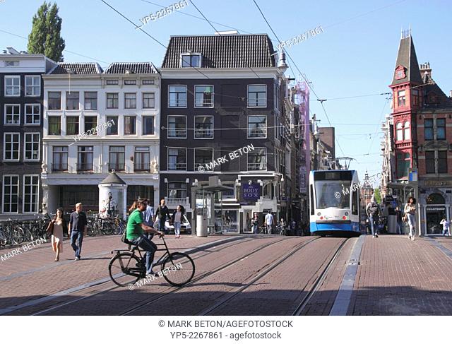 Tram crossing bridge at Leidsestraat Amsterdam Holland