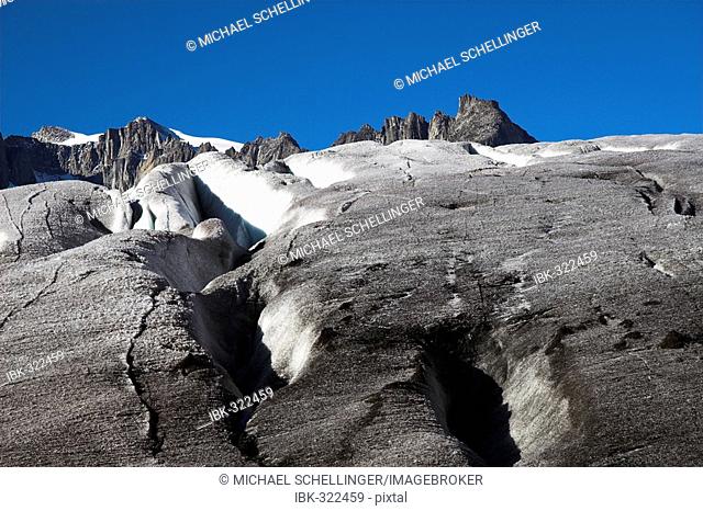 Crevasses on the snow free Rhone Glacier, canton of Uri, Switzerland