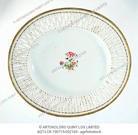 Oval dish with a bouquet, ornamental borders and a pierced rim, Oval porcelain dish with an openwork edge, painted on the glaze in red, pink, green, yellow