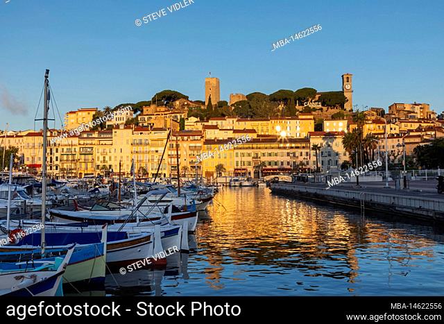 France, French Riviera, Cote d'Azur, Cannes, Le Vieux Port and Le Suquet Area Skyline