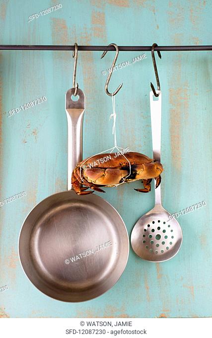 A crab hanging from a hook between a saucepan and a draining spoon