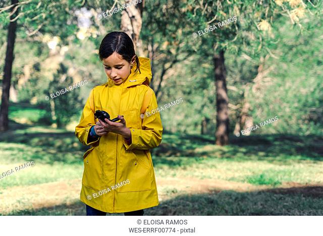 Girl wearing yellow raincoat in nature looking at compass