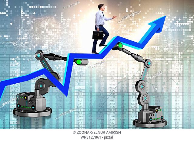The businessman walking up the chart supported by robotic arm
