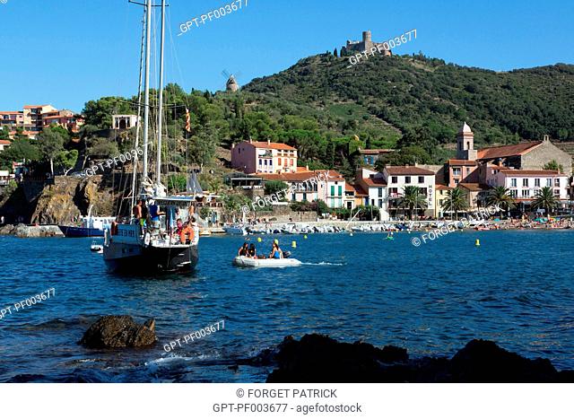 SAILBOAT IN THE LA BALETA BAY, TOWN OF COLLIOURE, (66) PYRENEES-ORIENTALES, LANGUEDOC-ROUSSILLON, FRANCE