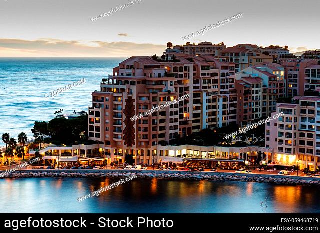 Aerial View on Illuminated Fontvieille and Monaco Harbor, French Riviera