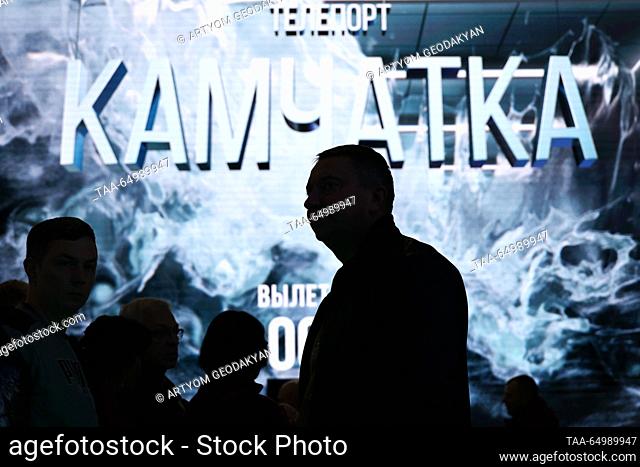 RUSSIA, MOSCOW - NOVEMBER 19, 2023: Visitors at a stand of Kamchatka during the Russia Expo international exhibition and forum at the VDNKh exhibition centre