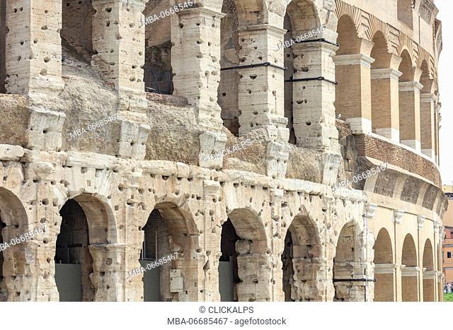 Architectural details of the ancient building of Colosseum the largest amphitheatre ever built Rome Lazio Italy Europe
