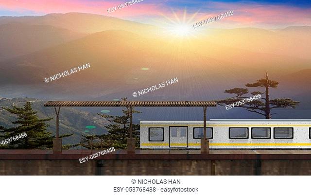 The 3d rendering of beautiful small train station with train beside it
